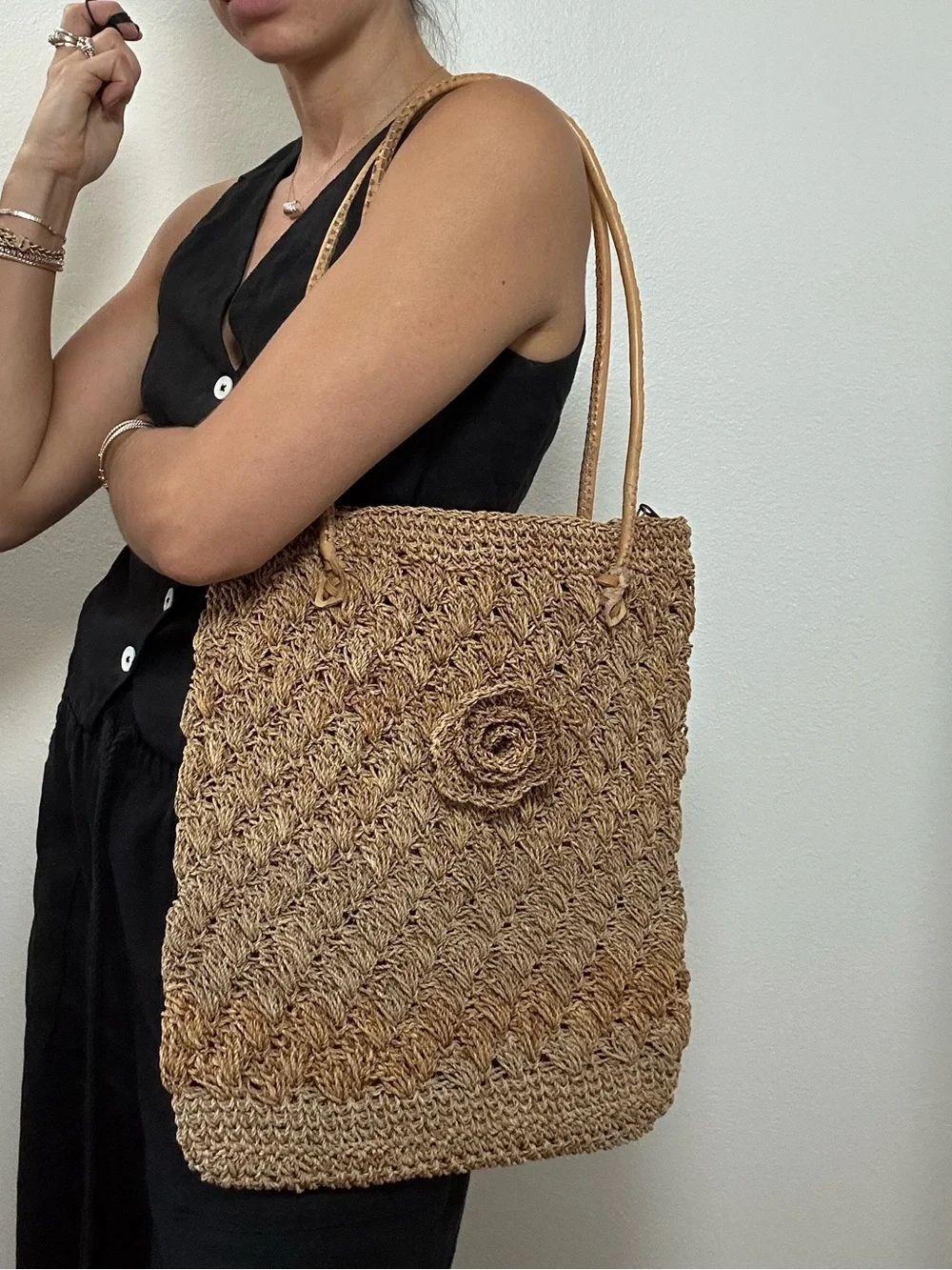 Brown Beige Woven Straw Handmade Tote Bag with Flower Accent & Leather Strap - Picture 14 of 14